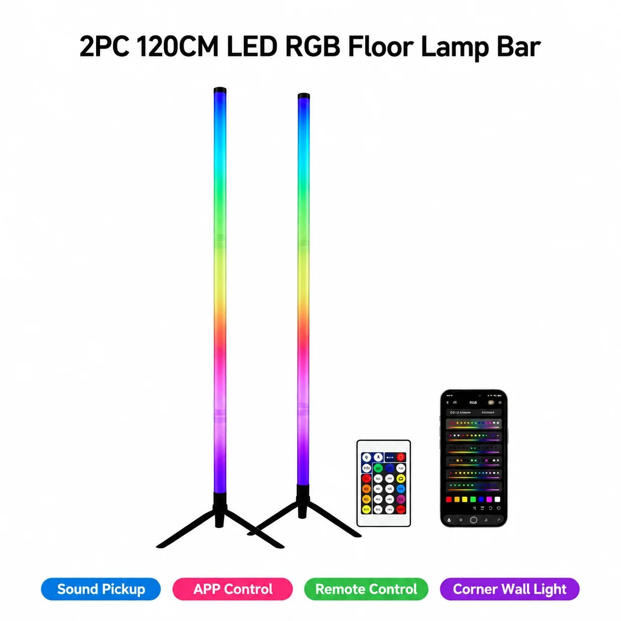 Lighting Decoration In Bedroom - โคมไฟตั้งพื้นแบบมุม RGB LED 2 ชิ้น, แถบไฟยาว
