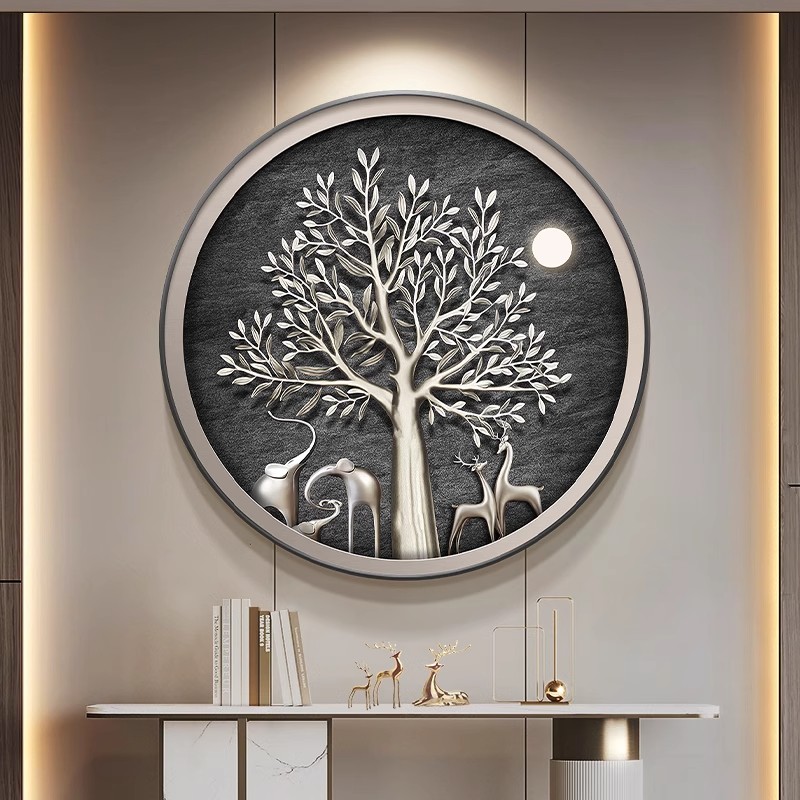 Elements Lighting Decor - ภาพวาดตกแต่งระเบียงทรงกลมธีมช้างที่มีความหรูหราเบา ๆ และสไตล์ระดับไฮเอนด์พร้อมองค์ประกอบของต้นไม้เงิน