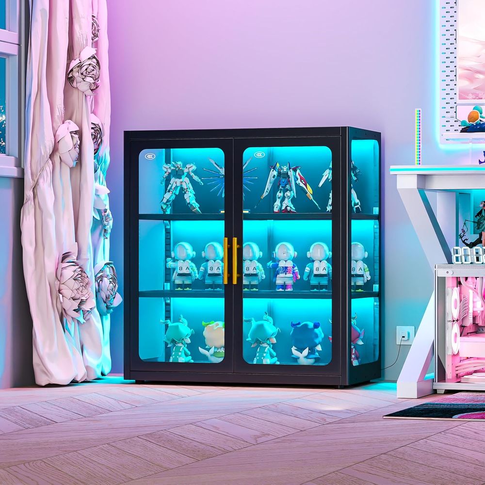 Lighting & Home Decor Studio - ตู้โชว์กระจกสูง 34 นิ้ว พร้อมชั้นวางปรับระดับได้และไฟ LED สำหรับห้องนั่งเล่น