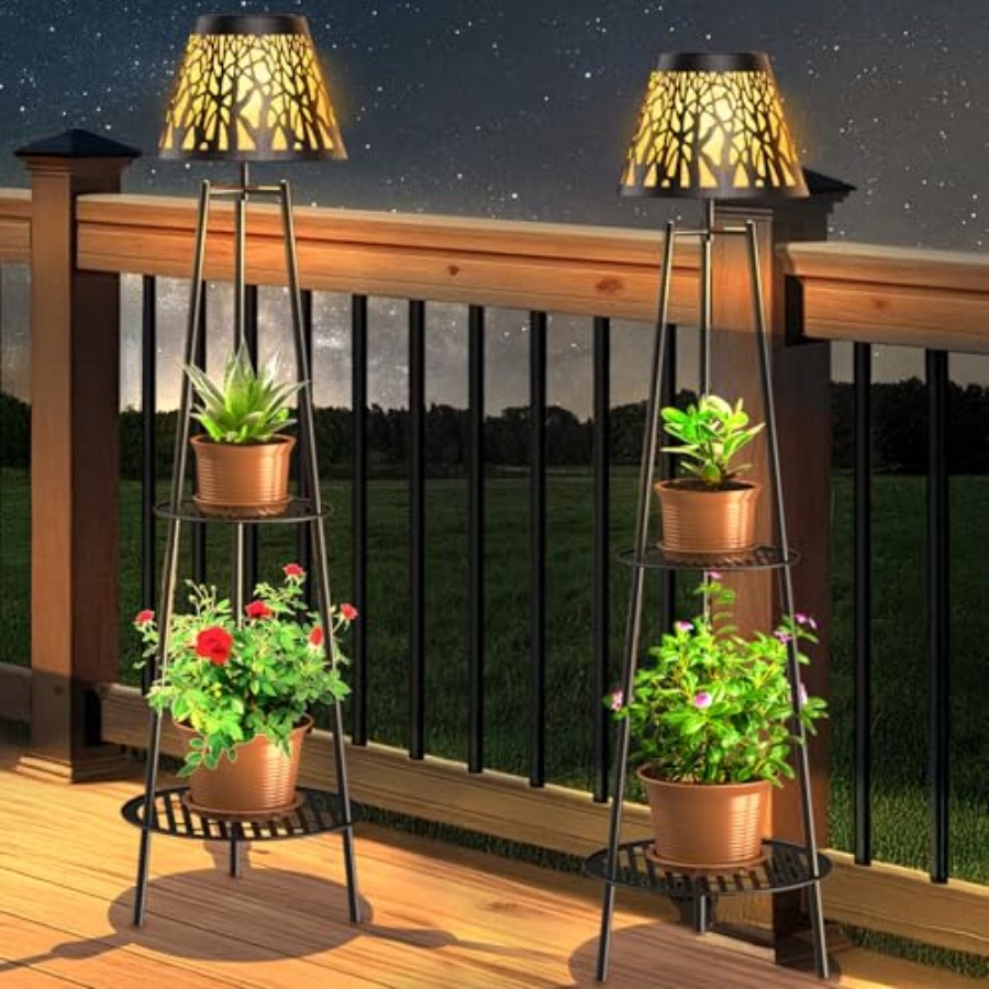 Lighting Decoration Stand - โคมไฟตั้งพื้นพลังงานแสงอาทิตย์สำหรับกลางแจ้ง 2 ชิ้น พร้อมขาตั้งต้นไม้ ไฟสวนโลหะกันน้ำ พร้อมชั้นวาง