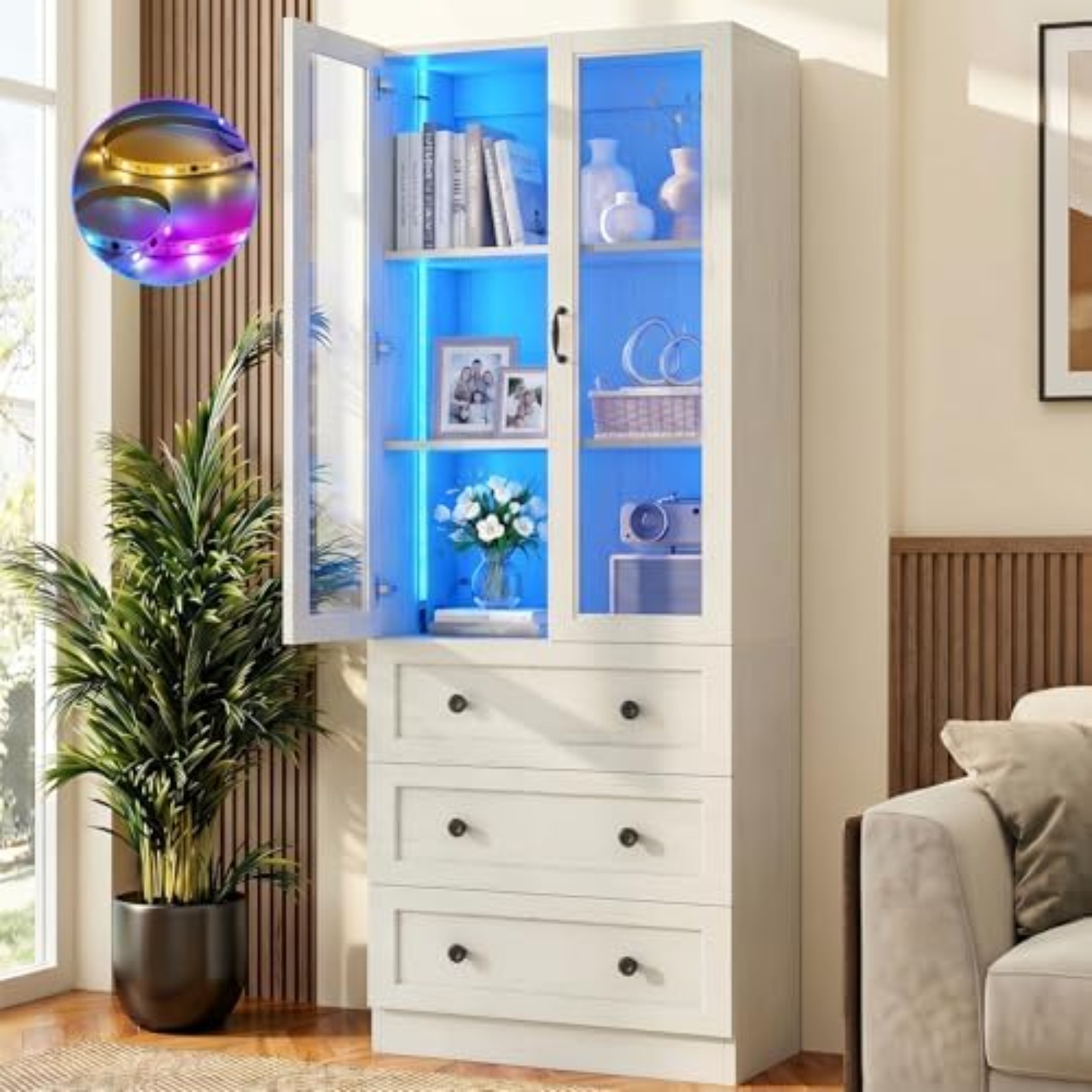 Lighting & Home Decor Studio - ตู้โชว์พร้อมประตูกระจก, ตู้หนังสือสูง 80 นิ้วพร้อมไฟ LED และลิ้นชัก