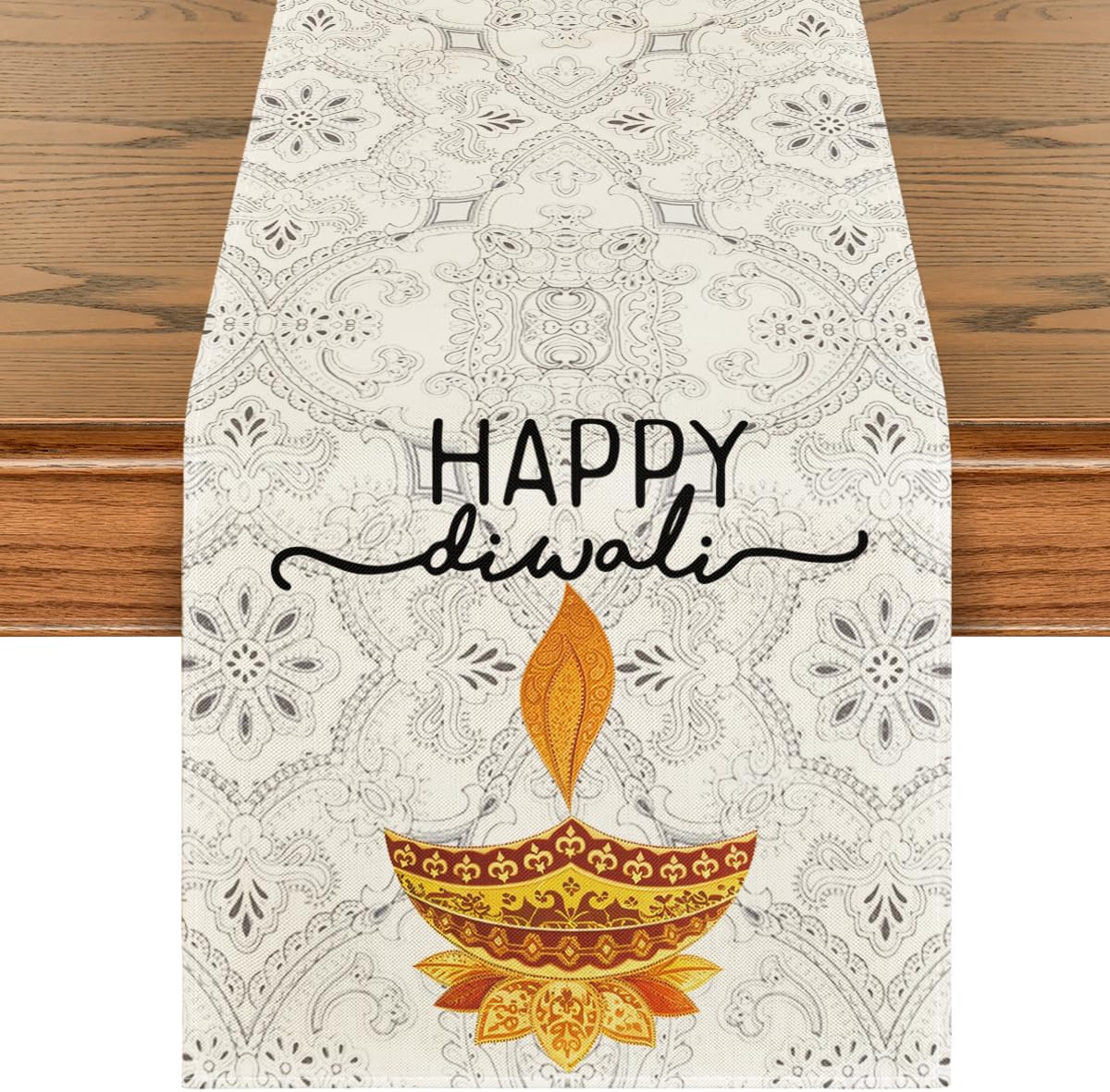 Lighting Decoration For Diwali - ผ้าปูโต๊ะลายผ้าลินินสำหรับงานเทศกาลแสงสว่างของอินเดีย ดิวาลี ตกแต่งงานเลี้ยง ใช้ซ้ำได้ ผ้าปูโต๊ะสำหรับห้องครัวและห้องรับประทานอาหาร ของตกแต่งดิวาลี